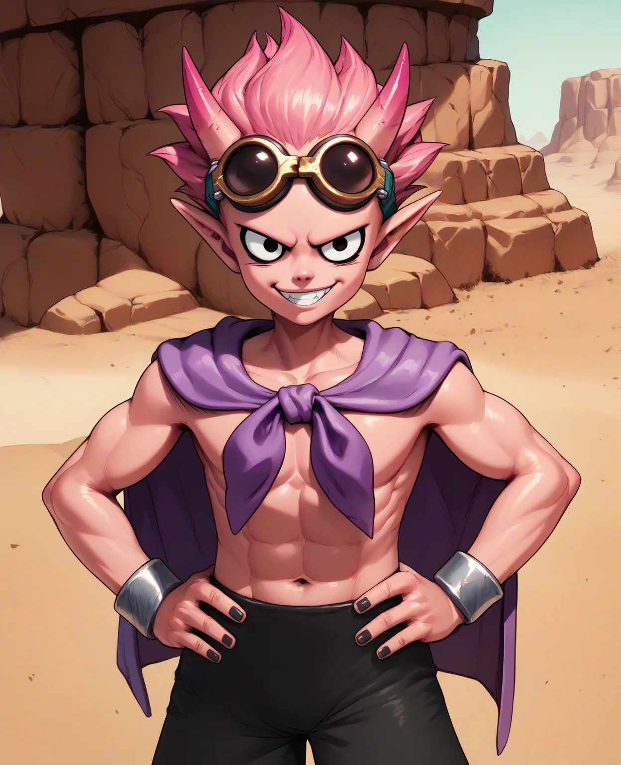 score_9,score_8_up,score_7_up,score_6_up,beelzebubxl,pink hair,black eyes,pink horns, goggles,purple cape,black shorts,desert,smile,hands on hips, black nails, toned,  <lora:beelzebubxl:1>, solo,  upper body,