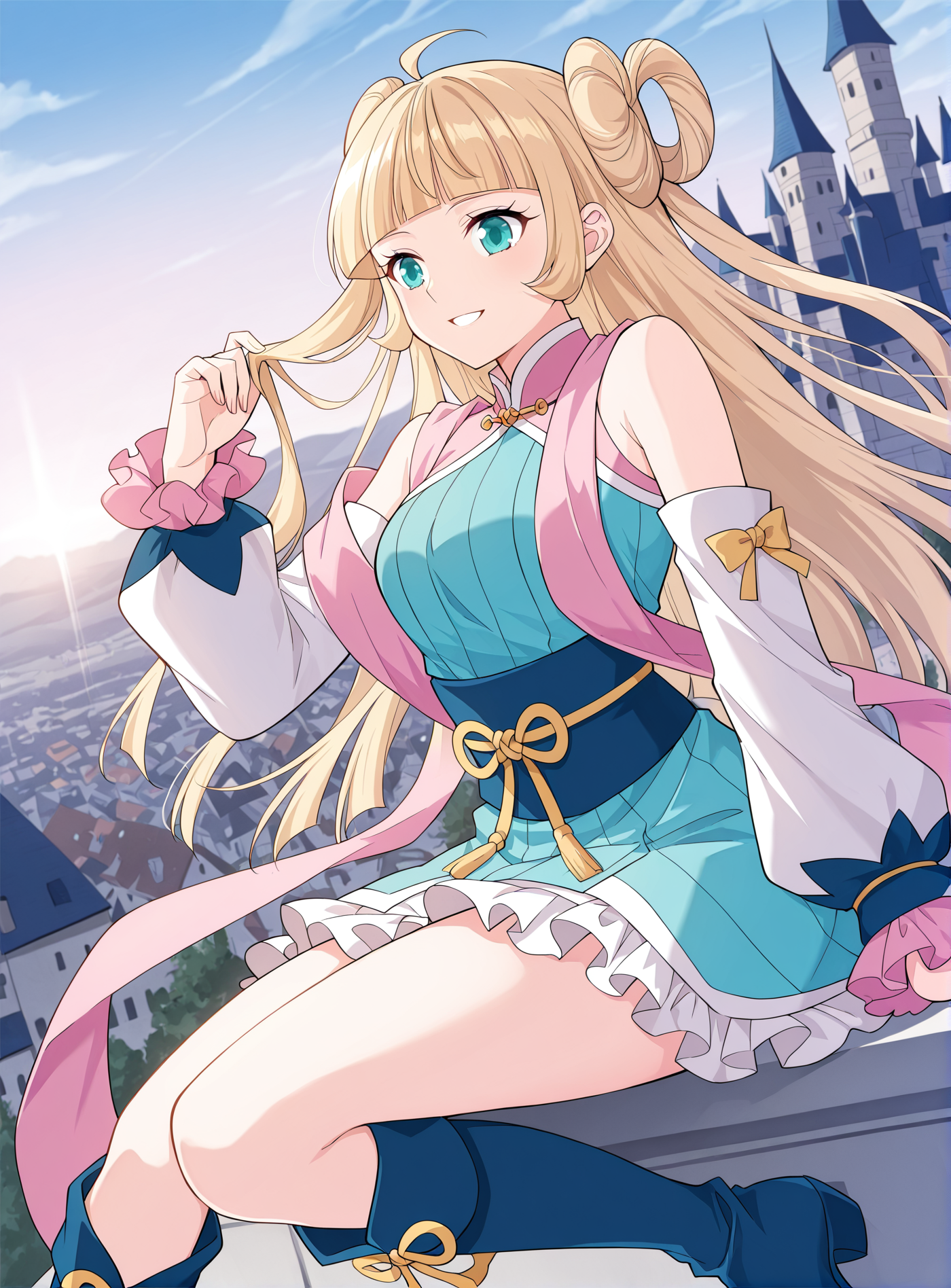 <lora:Mu_Qing_Luan__Battle_Through_the_Heavens__Illustrious:1>
1girl, solo, blonde hair, twin buns, long hair, ahoge, blunt bangs, teal eyes, anime style, 
blue and pink outfit, oriental dress, short dress, frilled skirt, pink sash, golden bow, detached sleeves, long sleeves, blue boots, big cuffs, ribbon details, open shoulders, 
score_9, score_8_up, score_7_up, very aesthetic, source_anime, detailed, high quality, beautiful, masterpiece, detailed eyes, castle, village, blurry background, cityscape, pose dynamic angle, light smile, open mouth, hand on hair, sitting