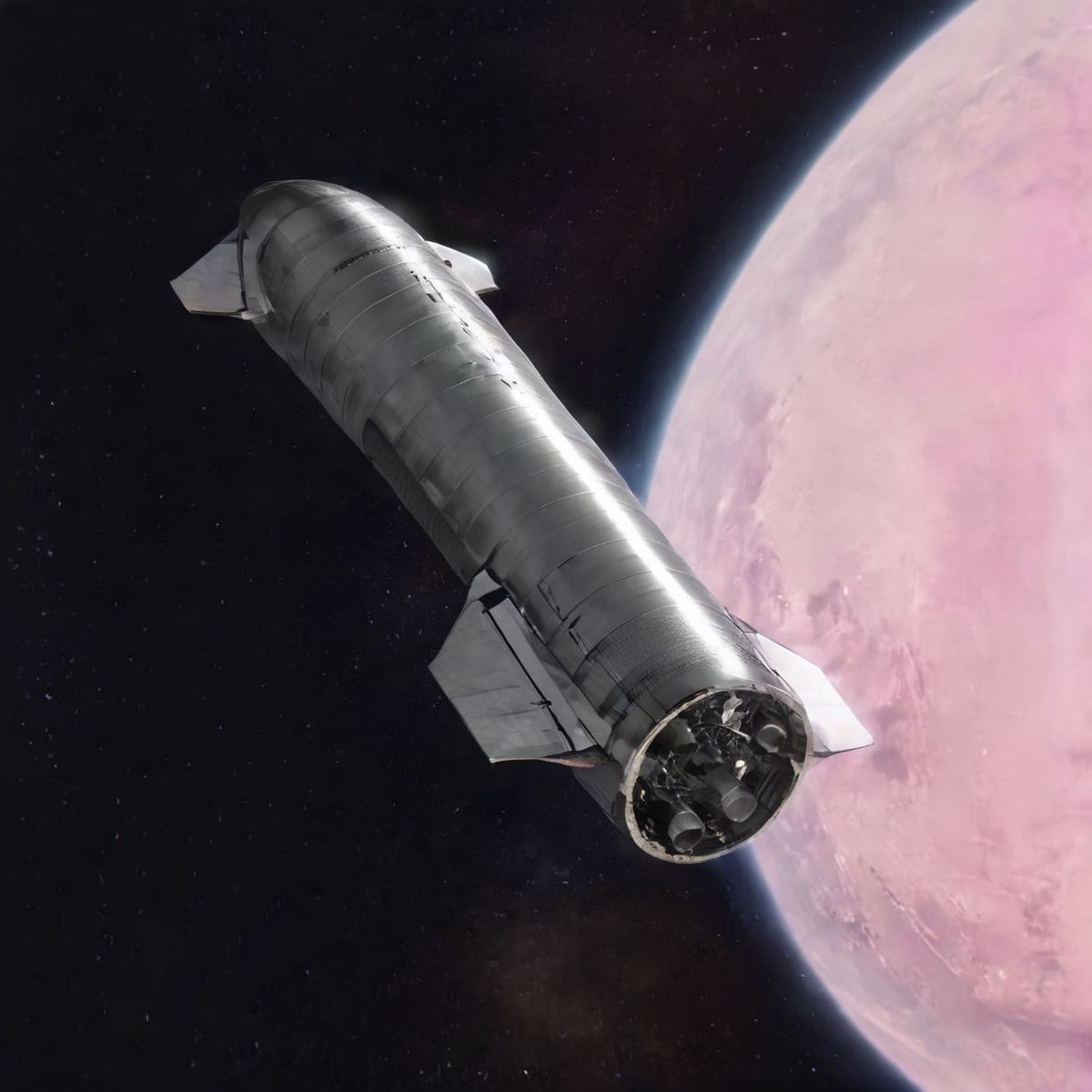 Starship in space engines on flaps closed, background pink nebula stars, near shot, high angle, photorealistic  <lora:Starship:1>