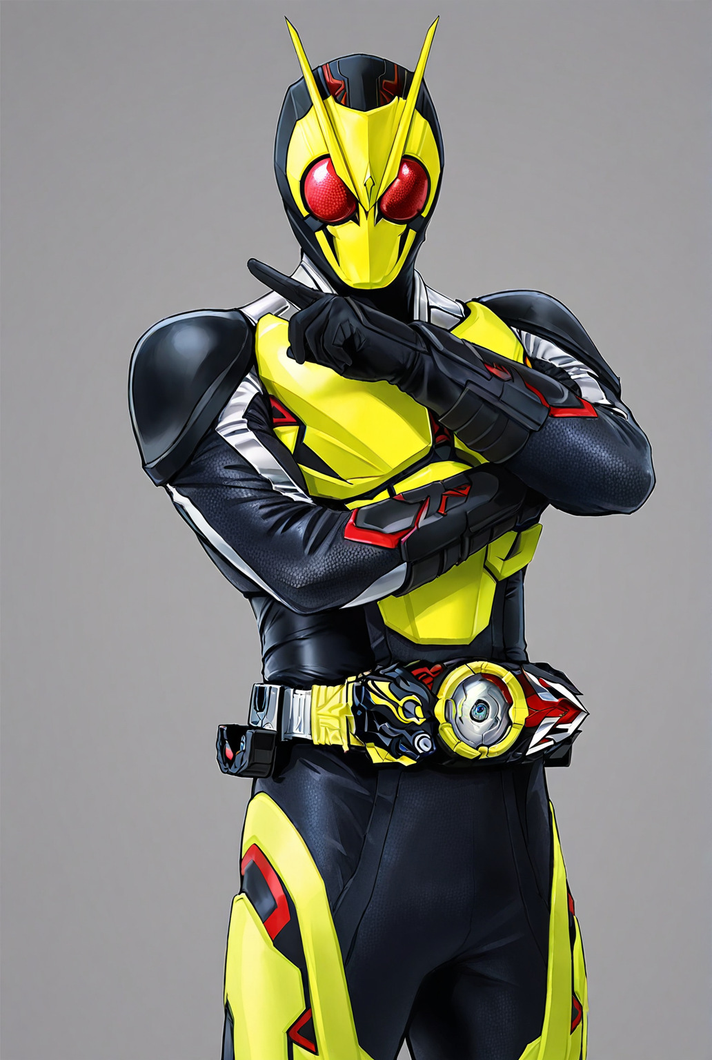 score_9,score_8_up,score_7_up,best quality,ultra-detailed,high resolution,digital painting,8k,1boy,solo,cowboy shot,male focus,bara,detailed face,armor,belt,tokusatsu,helmet,bodysuit,gloves,rider belt,standing,crossed arms, front view,<lora:add-detail-xl:1>,<lora:Kamen Rider Zero-One:0.7>,kamen rider zero-one,