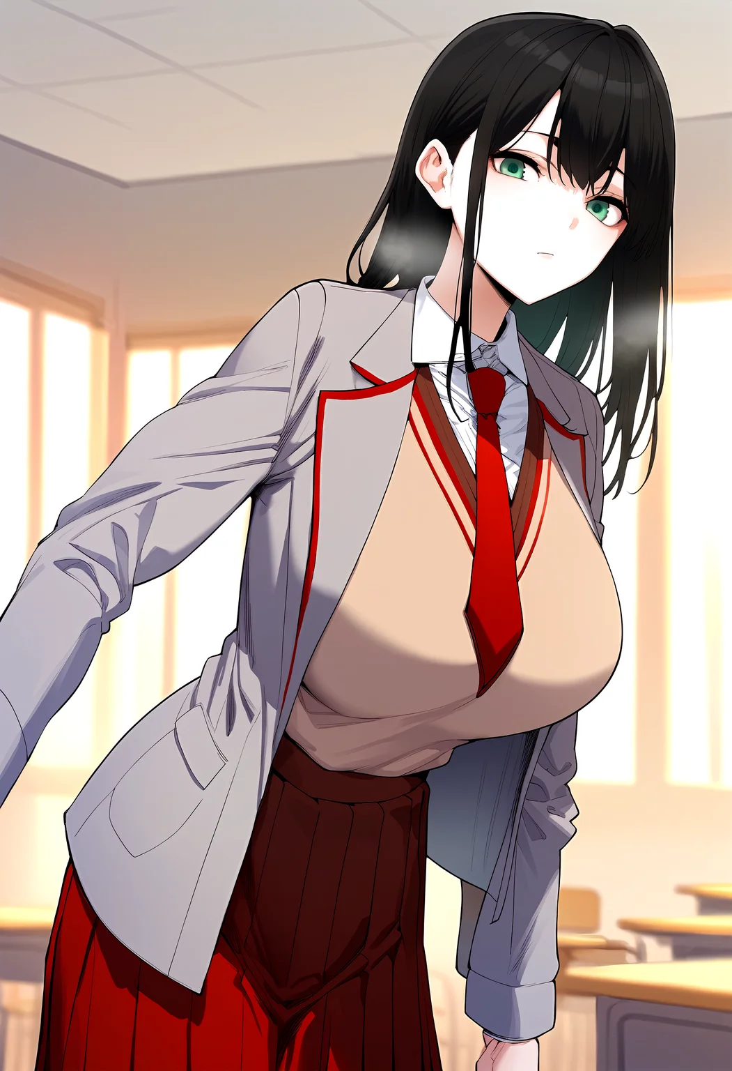 score_9, score_8_up, score_7_up, score_6_up, source_anime, rating_explicit, <lora:neg4all_bdsqlsz_V3.5:2.0>1girl, (solo:1.2), huge breasts, <lora:Yoo Na-Riponyxl:1> long hair, green eyes, black hair, brown hair, school uniform, grey jacket, open jacket, red necktie, sweater vest, brown vest, white shirt, collared shirt, long sleeves, red skirt, pleated skirt, expressionless, Narrow shoulders, heavy breathing, steaming body, classroom, indoors, looking at viewer