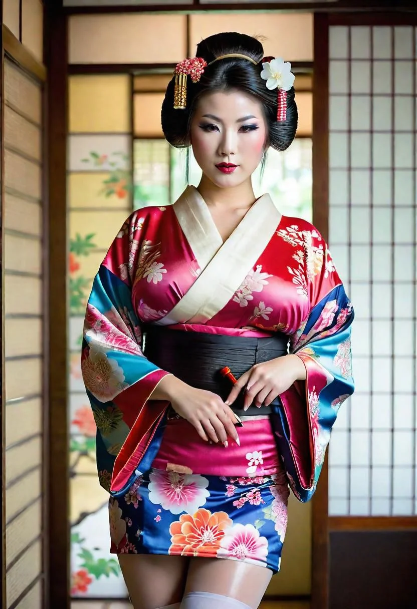 full body fashion photography, sexy geisha, Japanese girl with short vibrantly coloured kimono, (Geiko Shimada Geisha hairstyle:1.3), standing in a sexy and elegant pose with detailed okiya interior background, exposed thighs, highly detailed, (Japanese Bimbo:), (large fake breasts), kimono open to show cleavage, (perfect detailed white face geisha makeup:1.3), blushed cheeks, very detailed big (eyes:1.3), vibrant lipstick, very detailed eyes, very detailed pupils, 1girl, 8k UHD DSLR photo, very detailed face, bmbplora