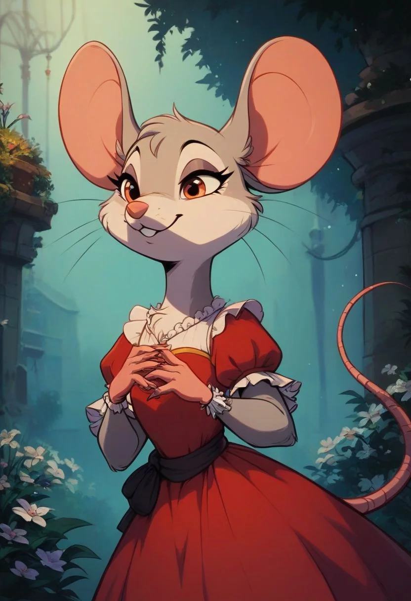 score_9, score_8_up, score_8, solo, (fluffy:0.8), (feral), furry, (((mouse))), female, claws, (fluffy cheeks:0.7), (dress), (solo:2), j_cartoon, (portrait:2), village