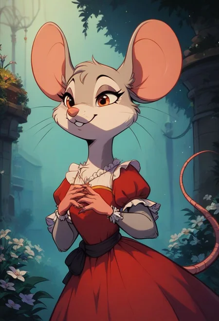 score_9, score_8_up, score_8, solo, (fluffy:0.8), (feral), furry, (((mouse))), female, claws, (fluffy cheeks:0.7), (dress), (solo:2), j_cartoon, (portrait:2), village
