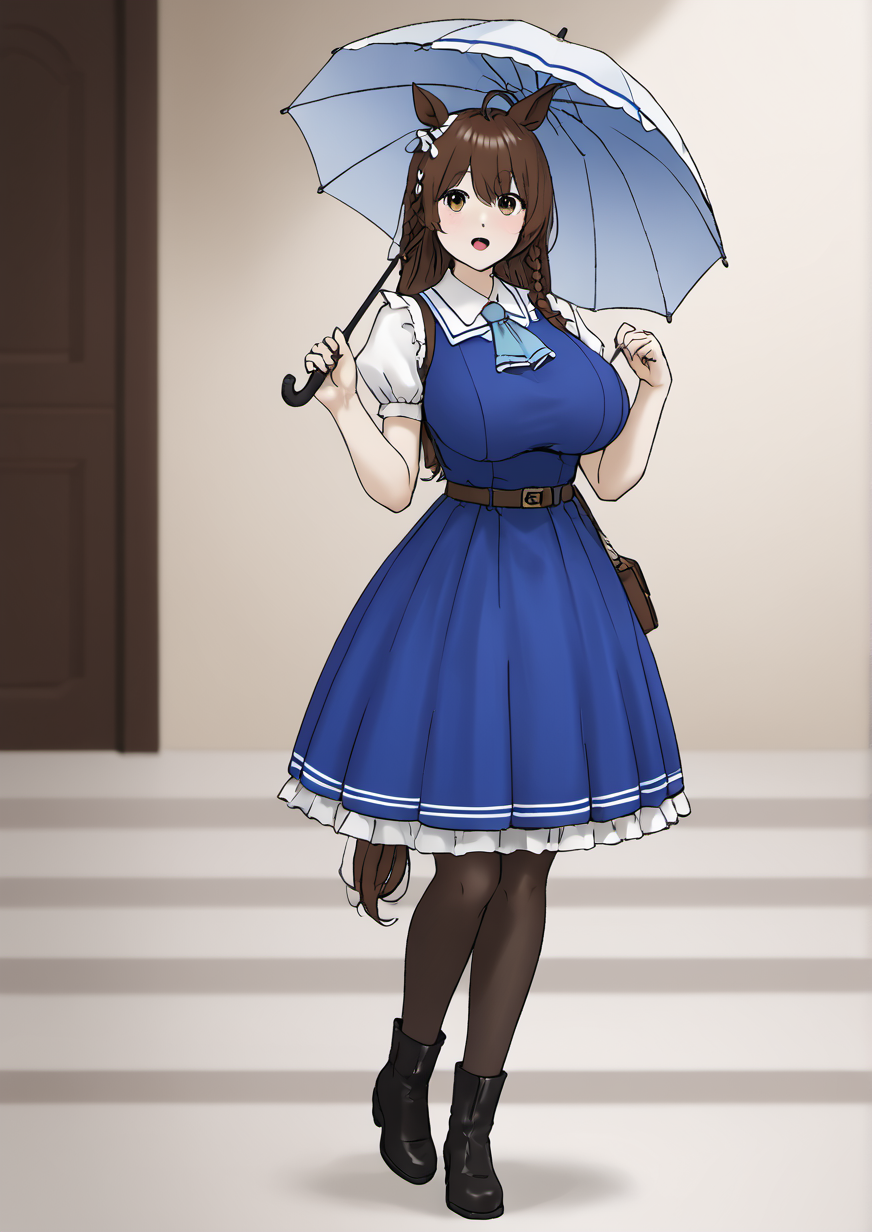 1girl, mejiro bright (umamusume), huge breast, , ahoge, animal ears, ascot, asymmetrical footwear, belt, black footwear, black pantyhose, blue ascot, blue dress, blush, boots, braid, brown belt, brown eyes, brown hair, dress, ear ornament, frilled dress, frills, full body, holding, holding umbrella, horse ears, long hair, looking at viewer, mismatched footwear, open mouth, pantyhose, parasol, puffy short sleeves, puffy sleeves, short sleeves, side braids, solo, umbrella, white footwear, zPDXL3 <lora:Breast Slider - Pony_alpha1.0_rank4_noxattn_last:3> <lora:HandFixer_pdxl_Incrs_v1:1> <lora:å¦ãMEN:1>