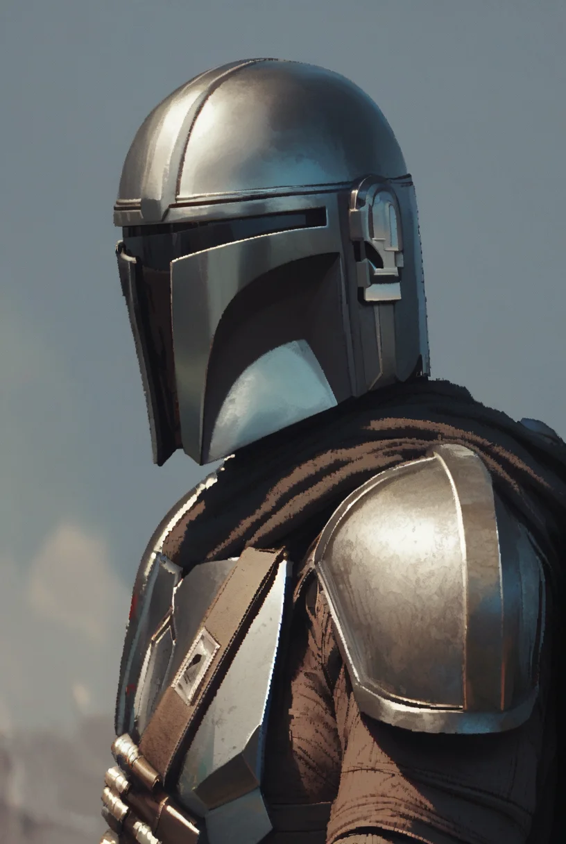 The Mandalorian, solo, gloves, 1boy, portrait,  helmet, science fiction,
 armour, gunmetal armour trim, intricate patterns, highly precise
[pixel art,  detailed,]
  <lora:d3p1x3lXLP:1>  <lora:The Mandalorian PONY:1>