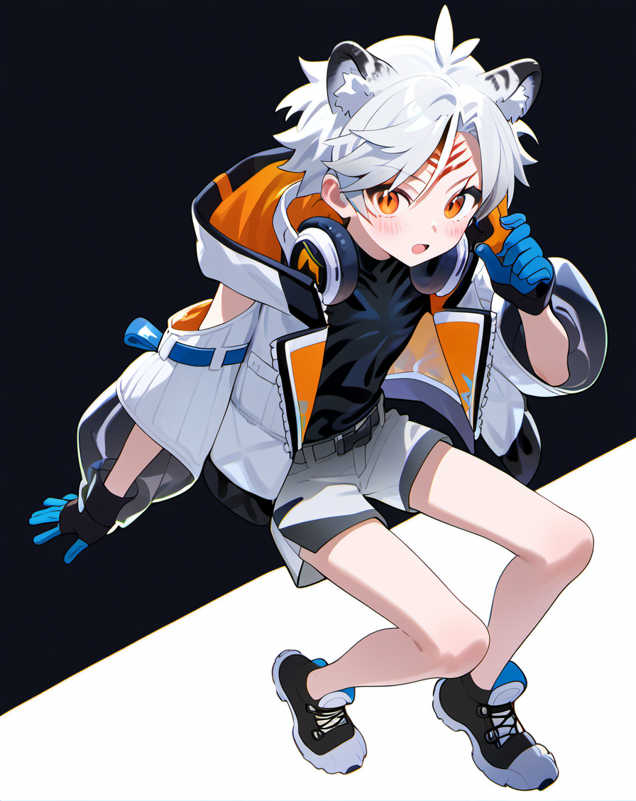 score_9,score_8_up,score_7_up,score_6_up,score_5_up,score_4_up,source_anime,<lora:tira14-000009:0.9>,tira,white hair,orange eyes,animal ears,shorts,jacket,gloves,black shirt,long sleeves,black gloves,belt,grey shorts,black footwear,headphones around neck,bare legs,official clothing,