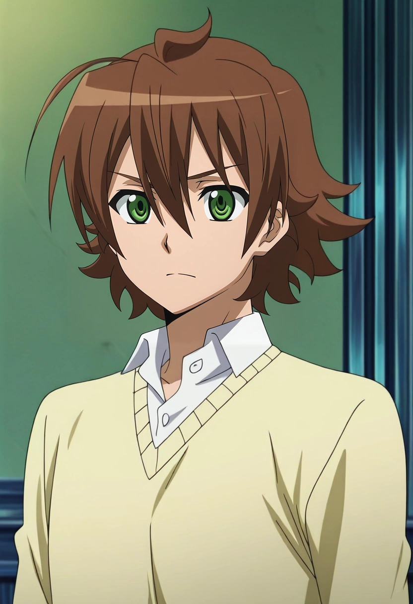 masterpiece, best quality, , anime screencap, , ,, 1boy, solo, male focus, <lora:tatsumi_akame_ga_kill_ilxl:0.98>, tatsumi_akame_ga_kill, brown hair, green eyes, short hair, hair between eyes, ahoge, ,
