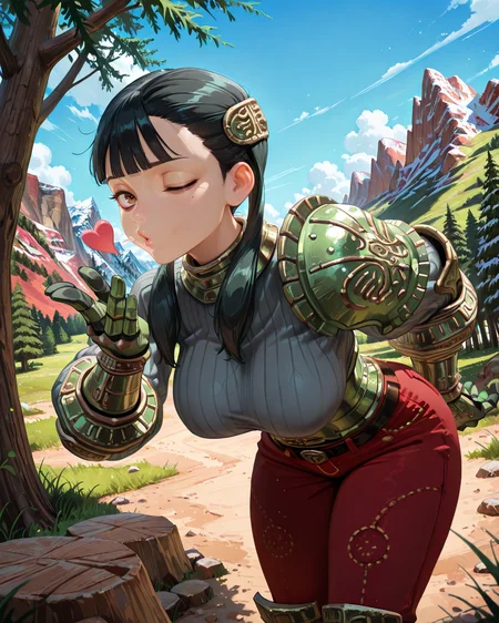 <lora:ChamIllustriousBackgroundEnhancer:0.5>, masterpiece, very aesthetic, absurdres, best quality, amazing quality, high resolution, newest, very awa, scenery, (looking at viewer), <lora:spo_sdxl_10ep_4k-data_lora_Illustrious:0.8> <lora:StabilizerIllustrious:0.8> , masterpiece, beautifully drawn, elegantly detailed, solo, <lora:AsheiIL:0.8> , AshDef, 1girl, black hair, twintails, hair over shoulder, brown eyes, bags under eyes, hair ornament, gorget, grey sweater, ribbed sweater, single pauldron, armored corset, green corset, green gauntlets, red pants, belt, green greaves, leaning forward, blowing kiss, hand up, winking, one eye closed, floating orbs, clutter, exterior, mountains, forest, scenery, blue sky, perfect hand, four fingers, cowboy shot,
