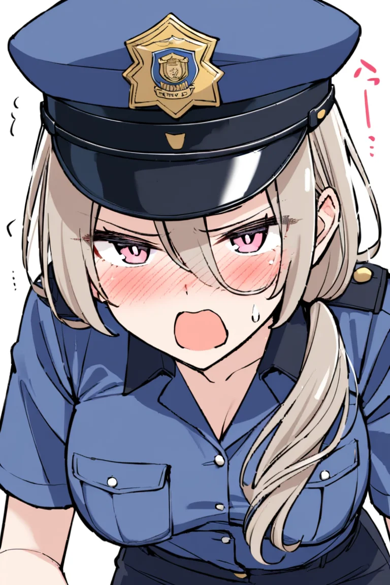 masterpiece, best quality,hahaoya,1girl, police, police uniform, policewoman, police hat, solo, hat, blush, long hair, open mouth, shirt, upper body, breasts, short sleeves, blue headwear,pink eyes, hair between eyes, looking at viewer, sweatdrop, hair over shoulder, blue shirt, collared shirt, white background, simple background,
<lora:hahaoya e1-000009:0.65>