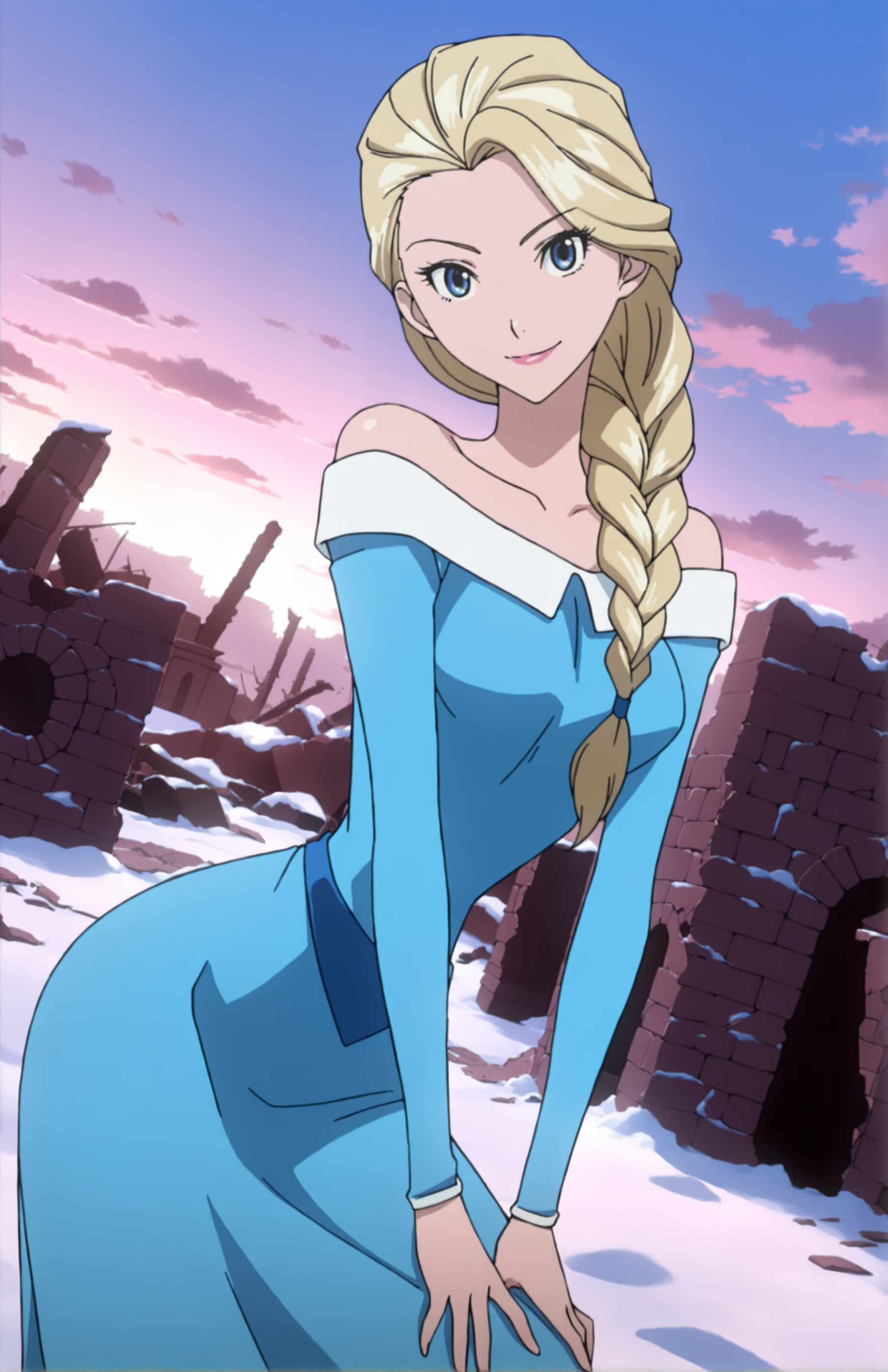 BakumanStyle, 1girl, medium breasts, narrow waist, wide hips, blonde hair, blue eyes, single braid, hair over shoulder, blue dress, bare shoulders, long sleeves, long skirt, light smile, dutch angle, naughty pose, looking at viewer, snow, ruins, sky, clouds, daylight, portrait, dynamic pose, cowboy shot, head tilt, v, one hand on knee
