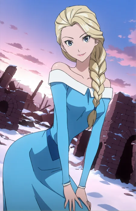 BakumanStyle, 1girl, medium breasts, narrow waist, wide hips, blonde hair, blue eyes, single braid, hair over shoulder, blue dress, bare shoulders, long sleeves, long skirt, light smile, dutch angle, naughty pose, looking at viewer, snow, ruins, sky, clouds, daylight, portrait, dynamic pose, cowboy shot, head tilt, v, one hand on knee