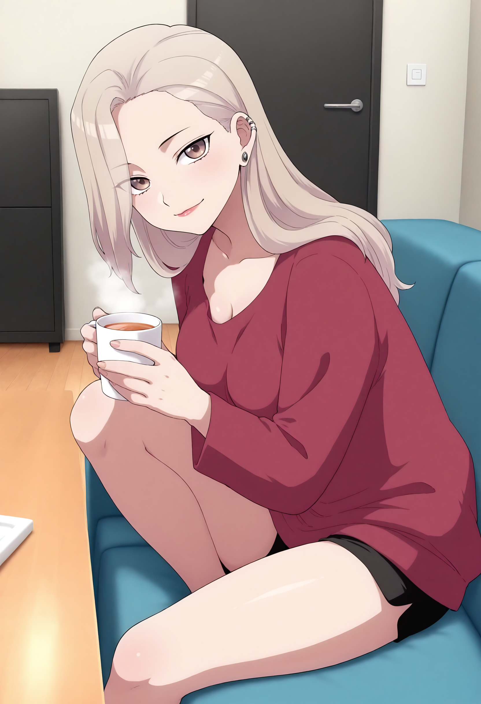 1girl, solo, furukimaya, tan hair, long hair, brown eyes, ear piercings, medium breasts, anime style, looking at viewer, living room,  table, loose shirt, red shirt, shorts, couch, relax, holding cup of hot tea, smile, sitting, black shorts, short shorts, shiny lip, detailed hands, fingernails, masterpiece, best quality