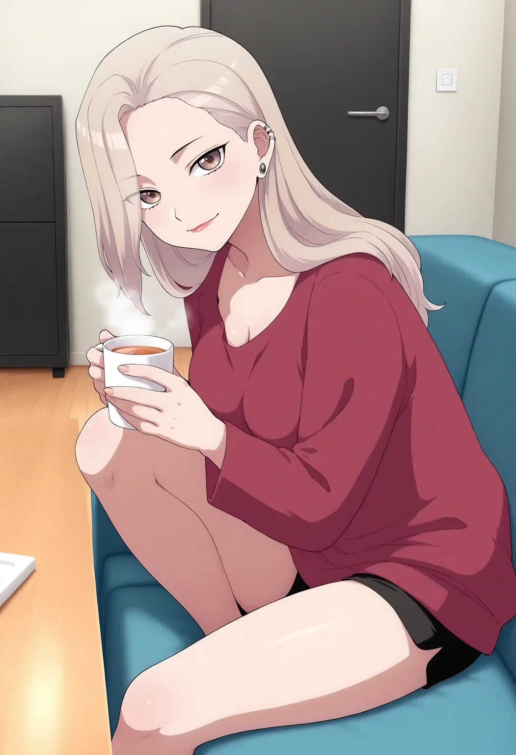 1girl, solo, furukimaya, tan hair, long hair, brown eyes, ear piercings, medium breasts, anime style, looking at viewer, living room, table, loose shirt, red shirt, shorts, couch, relax, holding cup of hot tea, smile, sitting, black shorts, short shorts, shiny lip, detailed hands, fingernails, masterpiece, best quality