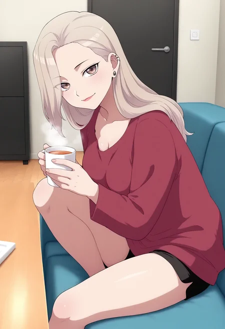 1girl, solo, furukimaya, tan hair, long hair, brown eyes, ear piercings, medium breasts, anime style, looking at viewer, living room, table, loose shirt, red shirt, shorts, couch, relax, holding cup of hot tea, smile, sitting, black shorts, short shorts, shiny lip, detailed hands, fingernails, masterpiece, best quality