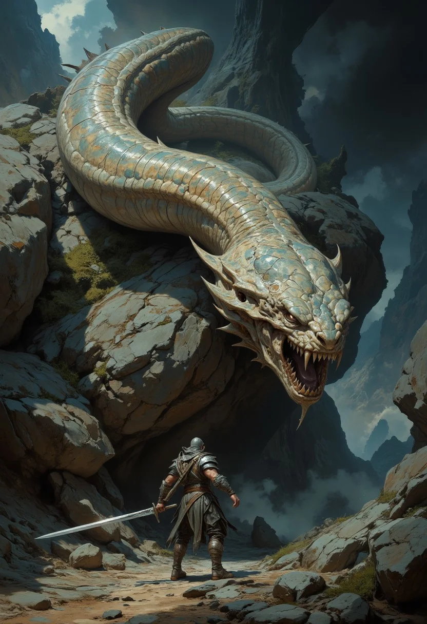8k high quality digital painting , masterpiece, very detailed, ultra realistic, (best quality) very detailed epic masterpiece, unearthly beautiful, Rembrandt realistic oil painting, retro artstyle, score_9, score_8_up, score_9_up, very detailed, ultra realistic, (best quality) full body, side view, we see a very muscular fantasy warrior with a big sword standing in front of a large boulder, on the rock lies a gigantic worm that turns its head threateningly towards the warrior, the worm's head consists only of a rosette-like opening that is covered with countless pointed teeth, the body of the worm shimmers in the light, bizarre rocks in the background, , full body, realistic, realism, photo realistic, photo realistic, full body, realistic, realism, , scary, realistic very dramatic lighting, much shadow, rembrandt style, vermeer style, realistic realistic, realism, photo realistic oil painting, photo realistic painting