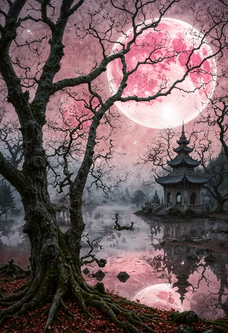 surreal painting representing strange vision of in mystic grove, ancient trees, bewitching mists, home to mythical creatures, Close-up, gray and pink Coconut is attractive, enigmatic moon eclipse on the background, inspired by The Middle Ages, medieval art, elaborate patterns and decoration, Medievalism (embedding:SimplePositiveXLv2:0.8)