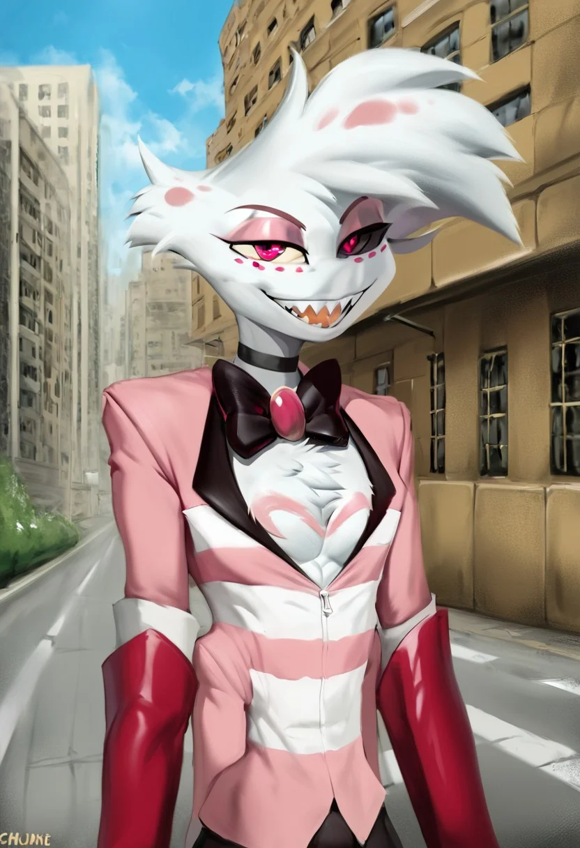 Angel[HH],Angel dust[HH], Spider[HH], Angie[HH], Freckles, pink body, light pink fur, light pink body, multiple limbs, makeup, golden tooth, coloured sclera, black sclera left eye, white sclera right eye, pink eyes, (Male anthro spider:1.3).  Solo, alone, by himself, 1boy, male.  athletic, athletic body, (athletic body), (white body:1.1), clothing, clothed, white striped suit, thigh boots, gold tooth, chest tuft, choker, bowtie, HD, digital painting, digital art, masterpiece.  Headshot, head focus, close to face, closeup, bustshot.  Happy emotion, happy.   city, houses, walls, street, road, (outside:1.4)  HD, digital painting, digital art, masterpiece ((fullbody portrait)), digital drawing (artwork), digital media (artwork), hi res.