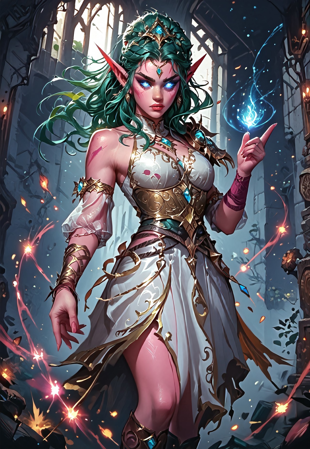 ((zPDXL3)), ((masterpiece,best quality, highly detailed)), ((score_9)), score_8_up, score_7_up, score_6_up, score_5_up, score_4_up, Digital painting style, brushstrokes, L0LSPL4SH, year2024, year2023, West Studio, sixmorevodka, ((EnhanceImage)), solo, 1girl, TyrandeWoWXL, pink skin, colored skin, blue eyes, glowing eyes, green hair, long hair, hair ornament, ponytail, forehead ornament, long eyebrows, long pointy ears, large breasts, armor, jewelry, detached sleeves, single sleeve, single shoulder armor, white dress, single armlet, single guantlet, armored footwear, toeless footweear, hourglass figure, small waist, wide hips, 
Expressiveh, 30yo, adult lustful confident woman, petite, slender body, perky saggy natural breasts, full lips, bangs, sidelocks, straps,
chinese magical sorceress, animated, swirling magic, wisps of magic, dancing pose, tight squeezed outfit, magical accessories, evoking motion, conveying motion, dynamic splash art, detailed background, ruins, moonlight, window lighting,
<lora:PainterlyFantasiaPDXL:0.6>,