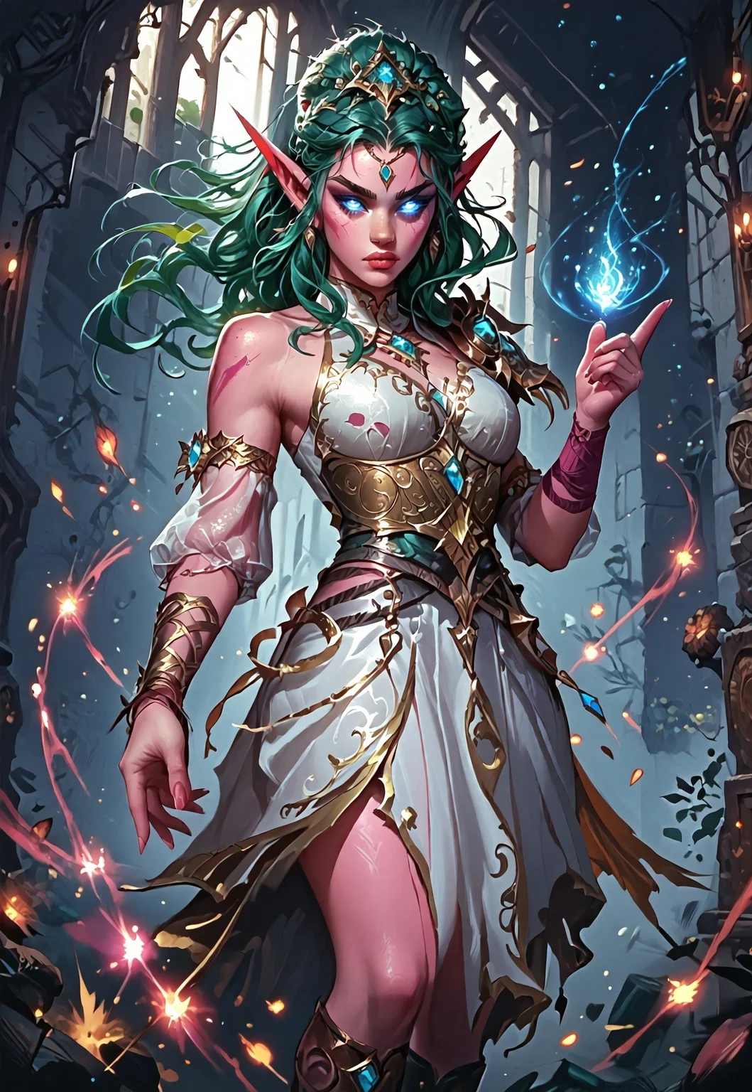((zPDXL3)), ((masterpiece,best quality, highly detailed)), ((score_9)), score_8_up, score_7_up, score_6_up, score_5_up, score_4_up, Digital painting style, brushstrokes, L0LSPL4SH, year2024, year2023, West Studio, sixmorevodka, ((EnhanceImage)), solo, 1girl, TyrandeWoWXL, pink skin, colored skin, blue eyes, glowing eyes, green hair, long hair, hair ornament, ponytail, forehead ornament, long eyebrows, long pointy ears, large breasts, armor, jewelry, detached sleeves, single sleeve, single shoulder armor, white dress, single armlet, single guantlet, armored footwear, toeless footweear, hourglass figure, small waist, wide hips,
Expressiveh, 30yo, adult lustful confident woman, petite, slender body, perky saggy natural breasts, full lips, bangs, sidelocks, straps,
chinese magical sorceress, animated, swirling magic, wisps of magic, dancing pose, tight squeezed outfit, magical accessories, evoking motion, conveying motion, dynamic splash art, detailed background, ruins, moonlight, window lighting,
<lora:PainterlyFantasiaPDXL:0.6>,