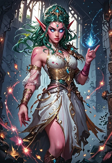 ((zPDXL3)), ((masterpiece,best quality, highly detailed)), ((score_9)), score_8_up, score_7_up, score_6_up, score_5_up, score_4_up, Digital painting style, brushstrokes, L0LSPL4SH, year2024, year2023, West Studio, sixmorevodka, ((EnhanceImage)), solo, 1girl, TyrandeWoWXL, pink skin, colored skin, blue eyes, glowing eyes, green hair, long hair, hair ornament, ponytail, forehead ornament, long eyebrows, long pointy ears, large breasts, armor, jewelry, detached sleeves, single sleeve, single shoulder armor, white dress, single armlet, single guantlet, armored footwear, toeless footweear, hourglass figure, small waist, wide hips,
Expressiveh, 30yo, adult lustful confident woman, petite, slender body, perky saggy natural breasts, full lips, bangs, sidelocks, straps,
chinese magical sorceress, animated, swirling magic, wisps of magic, dancing pose, tight squeezed outfit, magical accessories, evoking motion, conveying motion, dynamic splash art, detailed background, ruins, moonlight, window lighting,
<lora:PainterlyFantasiaPDXL:0.6>,