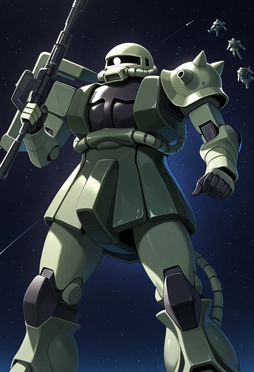 score_9, score_8_up, score_7_up, score_6_up, score_5_up, score_4_up, 4k quality, detailed, (zaku, mobile suit, monoeye), best quality, masterpiece, floating in space