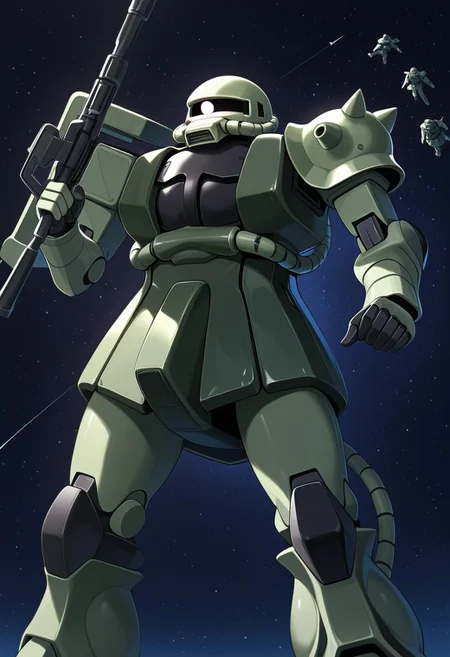 score_9, score_8_up, score_7_up, score_6_up, score_5_up, score_4_up, 4k quality, detailed, (zaku, mobile suit, monoeye), best quality, masterpiece, floating in space