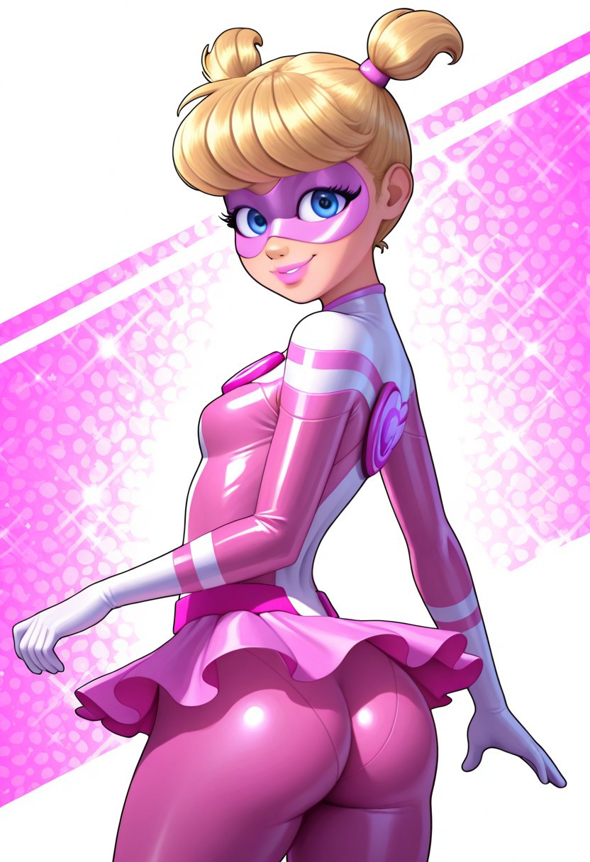, vivid colors,, masterpiece, best quality, high quality, high resolution, (perfect lips,  perfect eyes,  perfect body), BREAK, 1girl, solo. (Pigella, blonde hair, blue eyes, twintails, short twintails, bangs, pink lipstick, eyelashes, superhero, mask, domino mask, bodysuit, sparkly pink bodysuit, magenta lines, white-necked upper chest, white stripes, pink skirt, transparent skirt, mini skirt, white stripes, swirly pattern on her chest, skin tight, small perky breasts, wide hips, slim waist), seductive smile, ass back view, , looking at view, dynamic pose,  BREAK, simple background, colorful background, pink background, white background, SmoothNoob_Quality