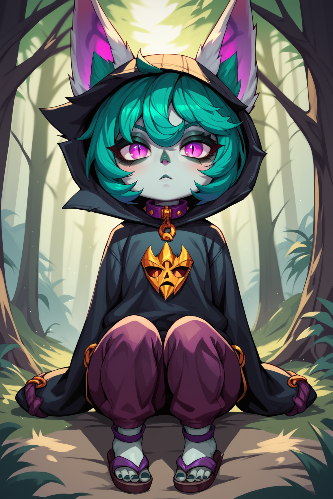 score_9, score_8_up, score_7_up, score_6_up, score_5_up, score_4_up, VexLoLXL, yordle, shortstack, pink eyes, green hair, bangs, short hair, grey skin, colored skin, black hood, hood up, ears through headwear, white animal ears, black shirt, purple collar, golden ornament, long sleeves, sleeves past wrists, purple pants, sandals, sitting, looking at viewer, forest, tree <lora:VexLoLXL:0.7>