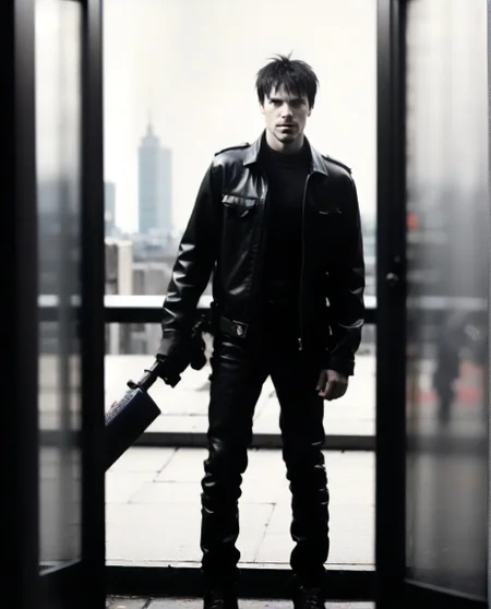 man , full body, <lora:blame5:1>blm, view, city, killy, gun in hand