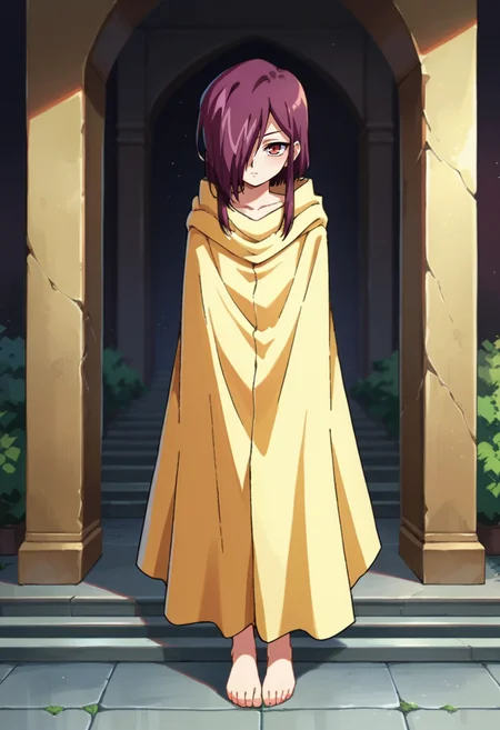 score_9,score_8_up,score_7_up,score_6_up,score_5_up,score_4_up,anime coloring,source_anime,<lora:Pulse_Abel_GaoGaiGar_Pony:0.8>,abel,1girl,solo,red eyes,purple hair,hair over one eye,sidelocks,cloak,standing,barefoot,palace,