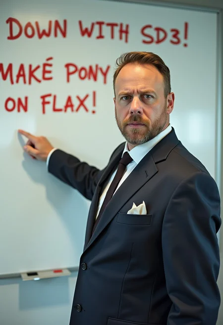 Photo of a serious man in a suit pointing at text on white board behind him, on the board it says "DOWN WITH SD3! MAKE PONY ON FLAX!"