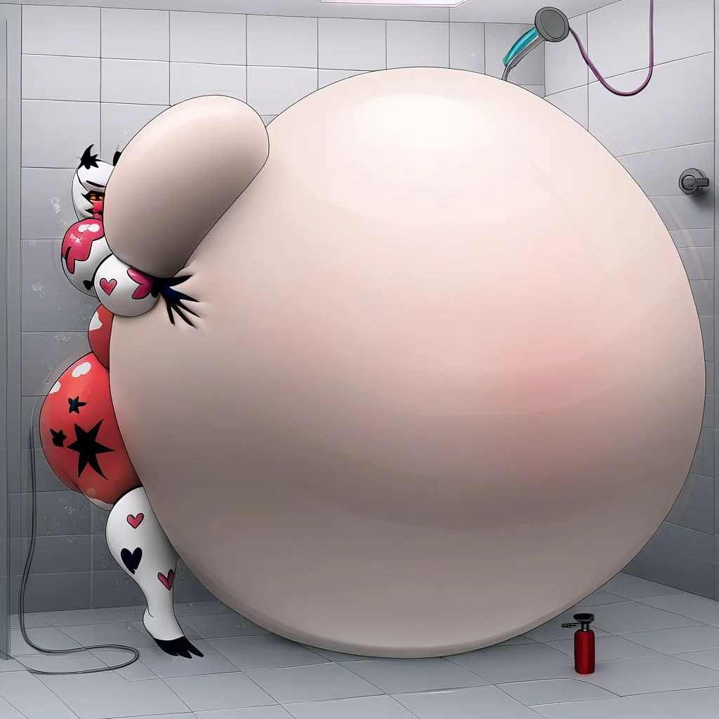 belly size bigger than main body)), (gigantic belly:2.0), goddess, shower, bathroom, cute, nervous, shy, heavy breathing, in heat, open mouth, aroused, hands on belly, hose leading into butt from air pump on ground, huge Belly press on mirror, verosika mayday from helluva boss