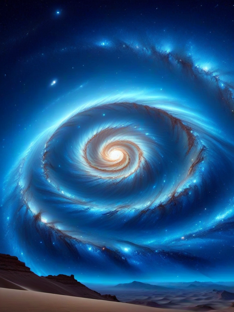 galaxy, (masterpiece), (extremely intricate:1.3), (realistic),a scene of a desert at night, in the sky a blue spiral galaxy, realistic, 4k, masterpiece