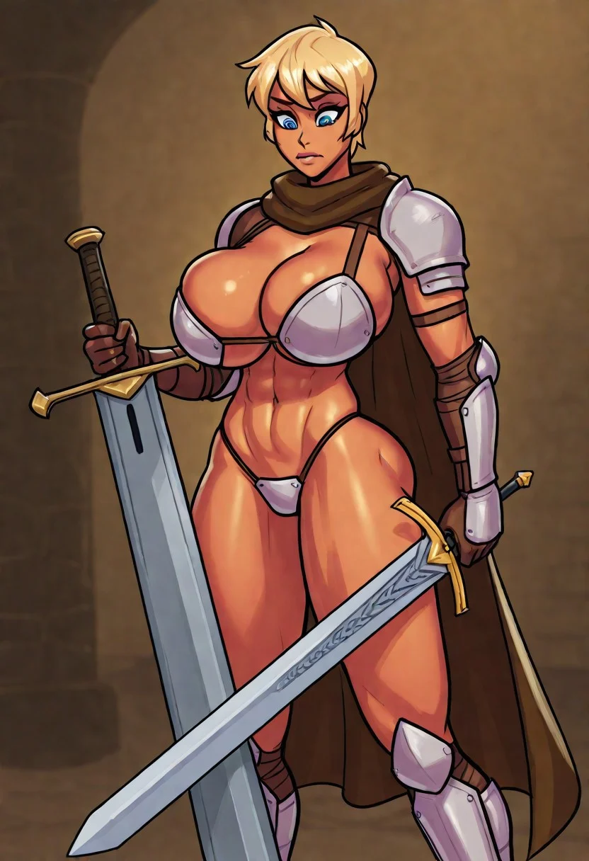 PKSig4ld4, 1girl, short hair, blonde hair, blue eyes, armor, bikini armor, cape, large fake breasts, bimbo, hand on sword, giant sword, sword planted point down,