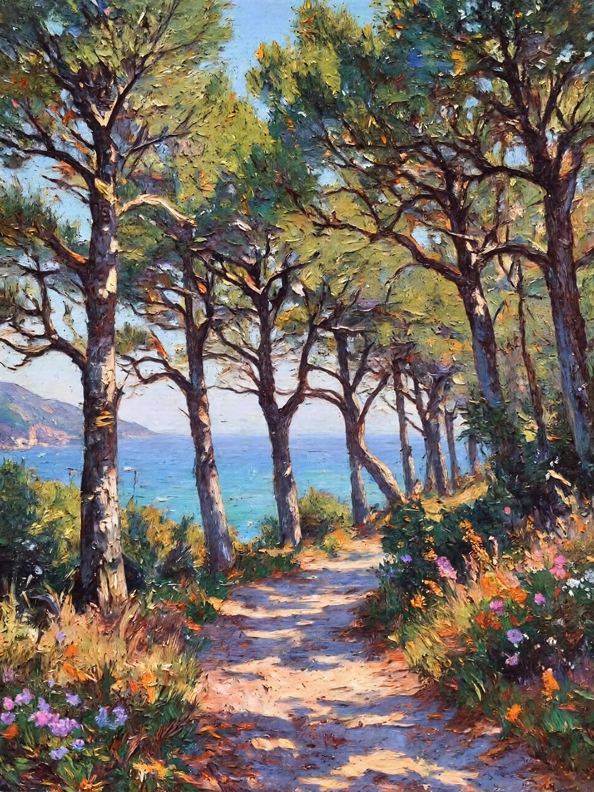 masterful impressionism oil painting, dappled lighting, chiaroscuro, dark corners, a tranquil, picturesque scene featuring a narrow sunlit path winding through a serene pinewood forest on the island of corsica, the forest is alive with tall, majestic pine trees, their trunks rendered with textured, vertical brushstrokes and their needle-covered branches forming a canopy of soft green hues, dappled sunlight filters through the trees, casting shifting patterns of light and shadow across the uneven ground, the path, painted with earthy browns and ochres, curves gently through the scene. in the background, a glimpse of the sparkling mediterranean sea is visible, its vibrant blues and turquoise tones contrasting with the warm, golden tones of the pinewood, the horizon is soft and slightly blurred, blending seamlessly with the sky, which is painted in soft gradients of pale blue and faint lavender, the interplay of the cool sea and sky against the warm forest tones creates a harmonious, idyllic composition. delicate strokes suggest clusters of low shrubs and wildflowers along the edges of the path, adding splashes of color - hints of lavender, white, and soft yellow that enhance the natural vibrancy of the scene, the texture of the brushstrokes gives life to the ground, covered in a mix of pine needles, scattered cones, and patches of light and shadow. the overall composition is balanced yet dynamic, with the vertical forms of the pine trees leading the eye upward while the path and distant sea guide the gaze into the depth of the image, the dappled lighting is central to the scene, its warm glow capturing the essence of corsica's mediterranean charm, the paintingâs atmosphere is peaceful and inviting, impressioniststrokes, <lora:style-impressionist_strokes-flux-by_daalis:1.0>