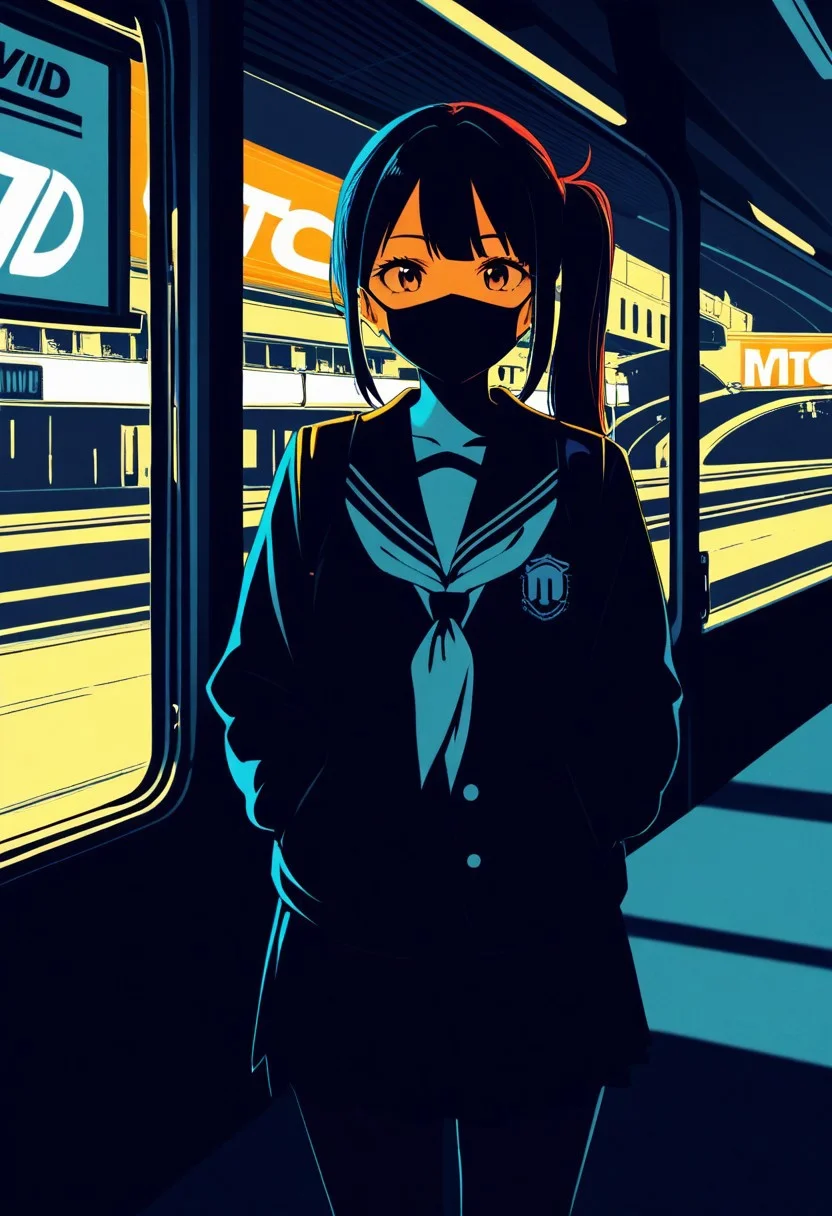 1girl, metro, Smooth_Quality, school uniform, vivid colors, face mask