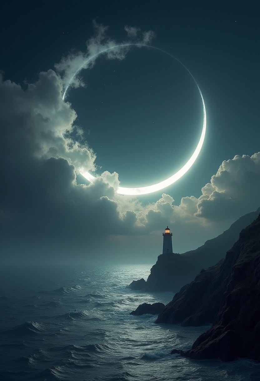 A masterpiece of wane style created by the collaboration of H.R. Giger and Friedrich Stuhl. In this photo, the concept of "wane" is depicted through a striking and ethereal scene. The foreground showcases a crescent moon that appears almost like a thin sliver in the night sky, emphasizing its waning phase. Surrounding the moon are wispy clouds that seem to emanate from it, as if the moon is exhaling a gentle, glowing mist.In the background, a vast expanse of darkened clouds rolls over a tranquil sea, with only a few stars twinkling intermittently. The water reflects the diminishing light of the waning moon, creating ripples and waves that shimmer faintly under the remaining lunar glow. A lone, ancient lighthouse stands on a rocky promontory, its beacon still flickering, casting long shadows over the tranquil waters.The overall atmosphere is one of quiet beauty and a sense of something fading away, encapsulating the essence of "wane" in both its literal astronomical meaning and a broader metaphorical sense. HD 32K, hyperdetailed, best quality.