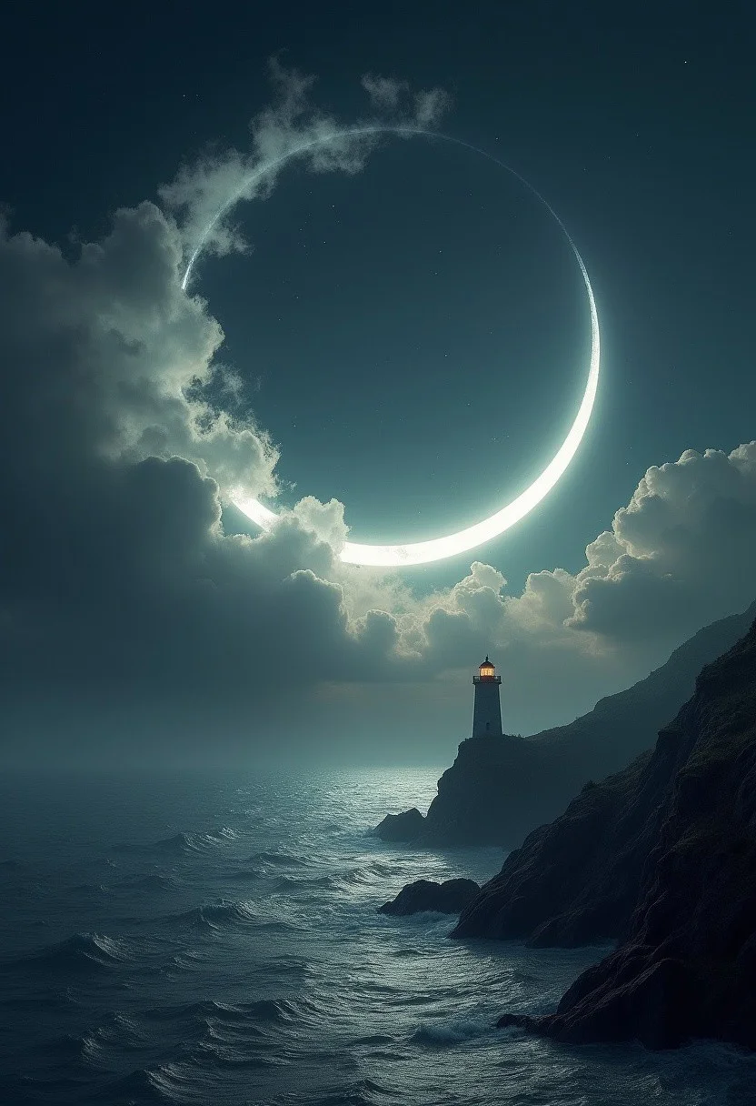 A masterpiece of wane style created by the collaboration of H.R. Giger and Friedrich Stuhl. In this photo, the concept of "wane" is depicted through a striking and ethereal scene. The foreground showcases a crescent moon that appears almost like a thin sliver in the night sky, emphasizing its waning phase. Surrounding the moon are wispy clouds that seem to emanate from it, as if the moon is exhaling a gentle, glowing mist.In the background, a vast expanse of darkened clouds rolls over a tranquil sea, with only a few stars twinkling intermittently. The water reflects the diminishing light of the waning moon, creating ripples and waves that shimmer faintly under the remaining lunar glow. A lone, ancient lighthouse stands on a rocky promontory, its beacon still flickering, casting long shadows over the tranquil waters.The overall atmosphere is one of quiet beauty and a sense of something fading away, encapsulating the essence of "wane" in both its literal astronomical meaning and a broader metaphorical sense. HD 32K, hyperdetailed, best quality.