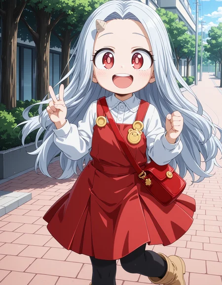 ultra-detailed, ultra-detailed eyes, ultra-detailed fingers, ultra-detailed hands, anime screencap, anime coloring, round face, cute face, cute, adorable, moe, outdoors,
1girl, Eri, child, white hair, long hair, red eyes, light pupils, single horn, red dress, white shirt, long sleeves, black leggings, beige boots, red purse,
v, legs apart, open mouth, leg up,
<lora:spo_sdxl_10ep_4k-data_lora_webui_482964:1>, <lora:add-detail-xl:1>, <lora:Eri_-_My_Hero_Academia__Boku_no_Hero_Academia_-_Illustrious:1>,
masterpiece, best quality, amazing quality, very aesthetic, absurdres,