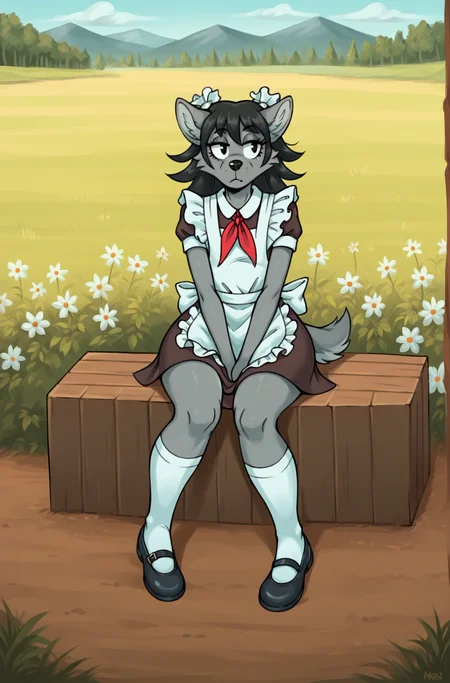 score_9, score_8_up, score_7_up,source_furry, canine furry wolf character ith gray fur, anthro character, furry female, 1girl,Soviet schoolgirl uniform, frilled apron, frilled hair scrunchie, red neckerchief, white socks, shoes,sitting, field, flowers, bored, thick thighs, , wide hips <lora:volk:1> <lora:Soviet_Schoolgirl_Uniform:0.7>