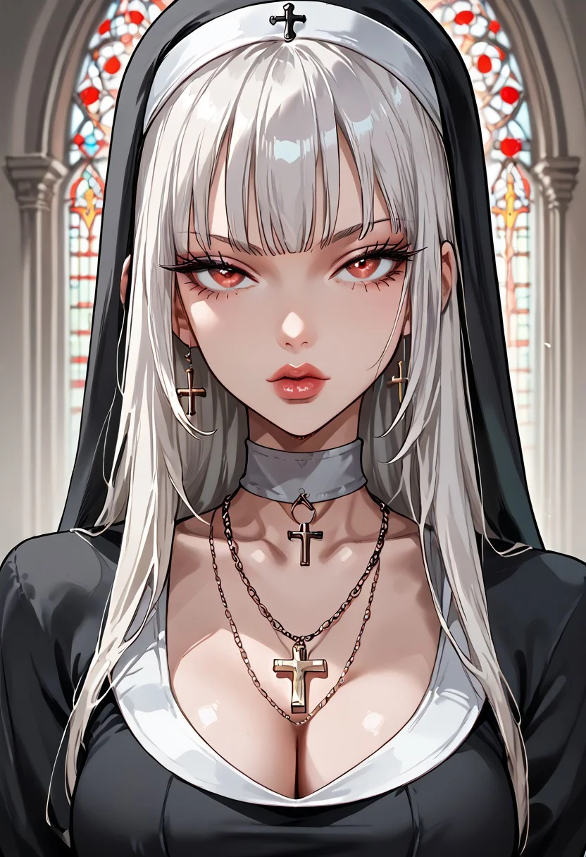score_9, score_8_up, score_7_up, score_6_up, 1girl, blunt bangs, long hair, white hair, black hair highlights, red eyes, no make-up, BRAKE, full lips, perfect lips, necklace with cross, nun, nun-outfit, classic nun outfit, cleavage, collarbone, 8k picture, highly detailed picture, full body