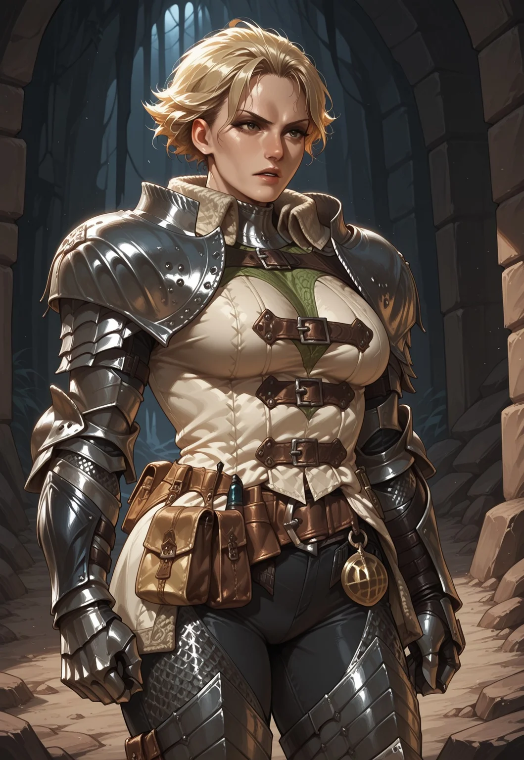 masterpiece, best quality, realistic, serious, parted lips, 1girl, solo, oliviamhw, blonde hair, short hair, breasts, tunic, pants, chainmail, shoulder armor, gauntlets, leg armor, belt, pouch