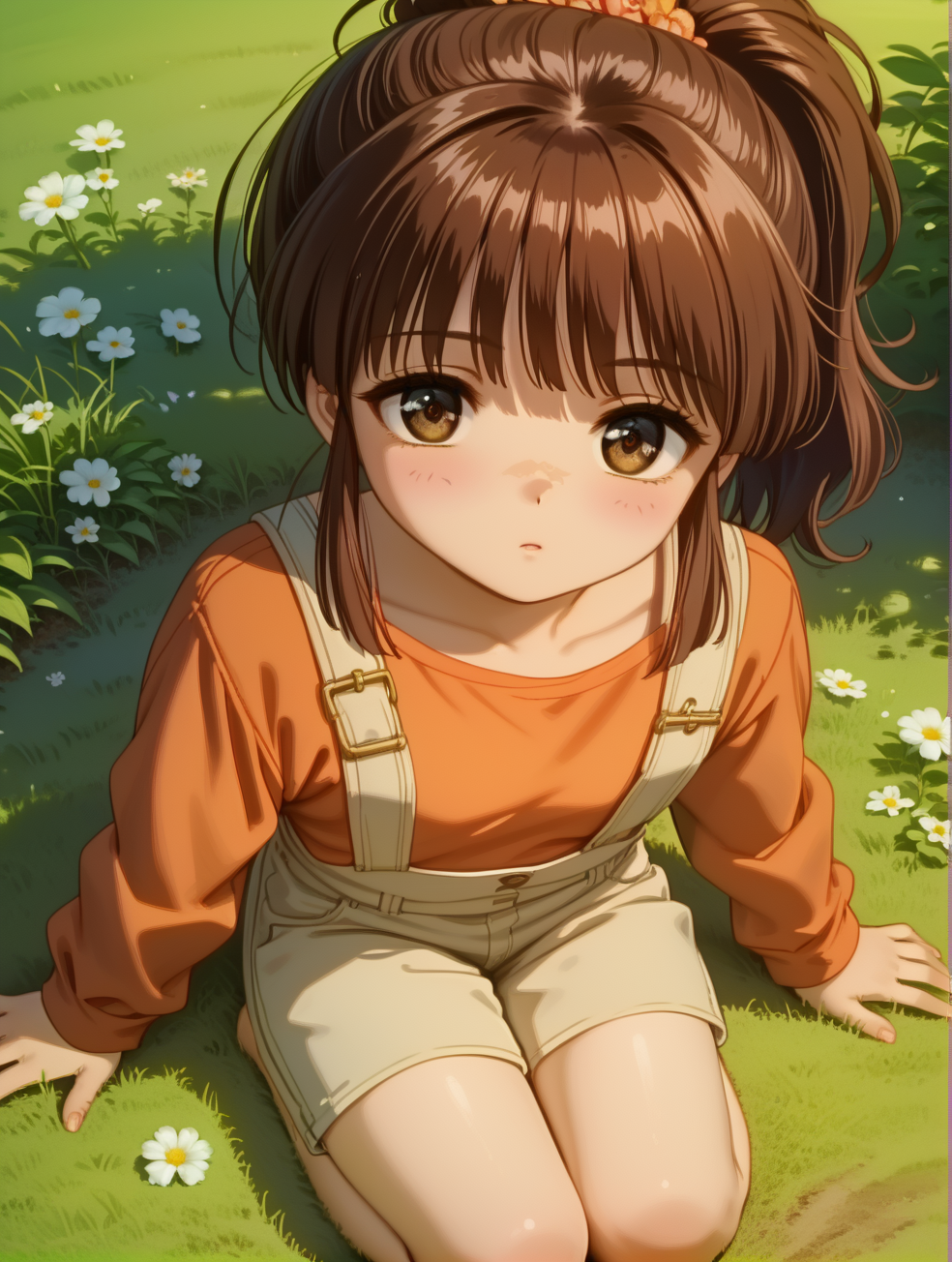 score_9,score_8_up,score_7_up,source_anime,(extremely detailed:1),rating_safe,
(masterpiece, best quality, very aesthetic, ultra detailed),intricate details,4k,beautiful background,(uncensored),nsfw,ultra-detailed,
face_detail,
skin_detail,
lustrous_skin,skindentation,
<lora:Miaka_Yuuki:1>,Miaka Yuuki,1girl,brown hair,brown eyes,
Miaka overalls with orange shirt oufit | ponytail,shirt,suspenders,long sleeves,
cute,
<lora:cfg_scale_boost:0.1>,
innocent_big_eyes,
cute,looking at viewer,
Straighten your feet,look up,look at the sky,confused,
dutch_angle,in spring,park,flowers meadows,in a meadow,sitting,(from_above:2),