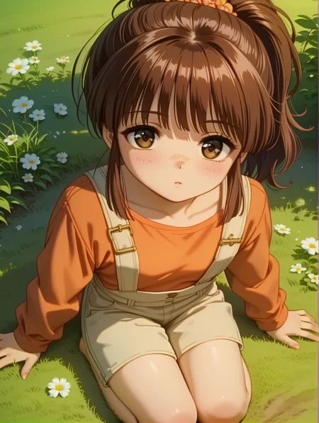 score_9,score_8_up,score_7_up,source_anime,(extremely detailed:1),rating_safe,
(masterpiece, best quality, very aesthetic, ultra detailed),intricate details,4k,beautiful background,(uncensored),nsfw,ultra-detailed,
face_detail,
skin_detail,
lustrous_skin,skindentation,
<lora:Miaka_Yuuki:1>,Miaka Yuuki,1girl,brown hair,brown eyes,
Miaka overalls with orange shirt oufit | ponytail,shirt,suspenders,long sleeves,
cute,
<lora:cfg_scale_boost:0.1>,
innocent_big_eyes,
cute,looking at viewer,
Straighten your feet,look up,look at the sky,confused,
dutch_angle,in spring,park,flowers meadows,in a meadow,sitting,(from_above:2),