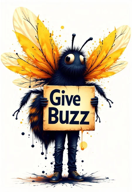 A man holding a sign that says 'Give Buzz' with a bee made entirely of ink splats in the background. The ink splats should form the shape of the bee, creating a dynamic and energetic atmosphere. The scene should be vibrant, with the ink splats spreading out from the bee, adding depth and movement to the composition.