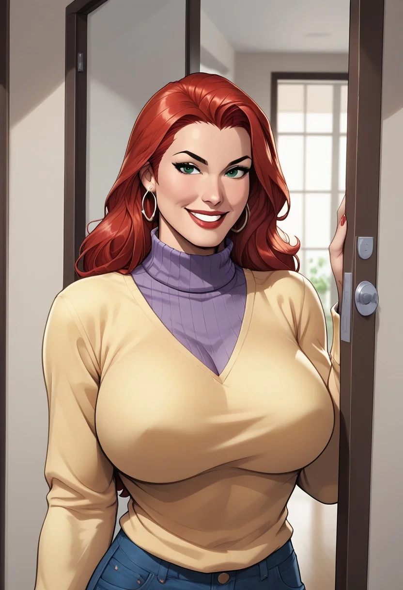 score_9, score_8_up, score_7_up, score_6_up, masterpiece, best quality, 1girl, MJ, red hair, green eyes,yellow sweater, purple turtleneck, ,zPDXL3, zPDXLxxx, <lora:easynegative:1> solo, huge breasts, smile,standing in doorway,sexy pose,suburban neighborhood,daytime