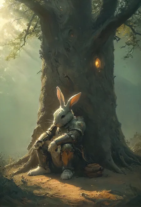 most tired cute (rugged:1.1) rabbit sitting under a tree because it's exhausting to bring eternal cuteness to this tainted dark lands, glowing, slumber, sleep, (knight:1.1), discarded armor, (rest:1.1), serene, epic angle, dynamic shadow play, (wast landscape backdrop:1.2), cinematic, sharp focus, vivid , simplified, intricate, <lora:HKStyle_V3:0.7>, <lora:- SDXL - vanta-black_contrast_V3.0:0.5>, <lora:20240322-1711051399194:0.7>, <lora:artfullyECHELIER_SDXL_V1:0.4>, <lora:sss:0.8>, <lora:SDXL - Style - EldritchRomanceIllustration1.3.1:0.4>  <lora:Cute_Drawing:0.2>