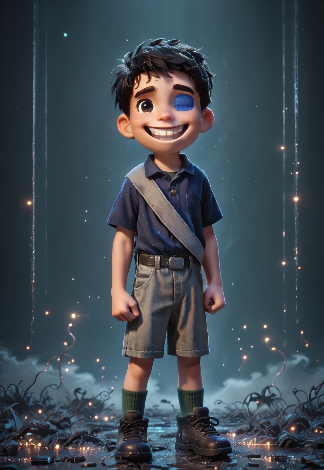 LudasStyle, score_9, score_8_up, score_7_up, 1boy, masterpiece, best quality, amazing quality, best aesthetic, absurdres, intricate details, detailed face, ElioSolis, black hair, short hair, black eyes, eyepatch, indigo short sleeved shirt, grey cargo shorts, dark green socks, black shoes, belt, diagonal gray sash, 1boy, male focus, solo, full body, happy, smile