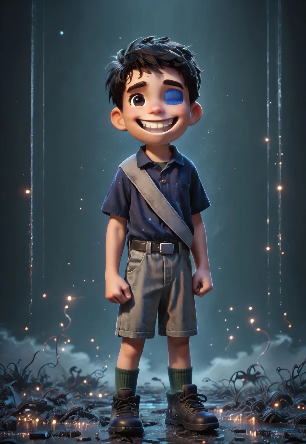 LudasStyle, score_9, score_8_up, score_7_up, 1boy, masterpiece, best quality, amazing quality, best aesthetic, absurdres, intricate details, detailed face, ElioSolis, black hair, short hair, black eyes, eyepatch, indigo short sleeved shirt, grey cargo shorts, dark green socks, black shoes, belt, diagonal gray sash, 1boy, male focus, solo, full body, happy, smile